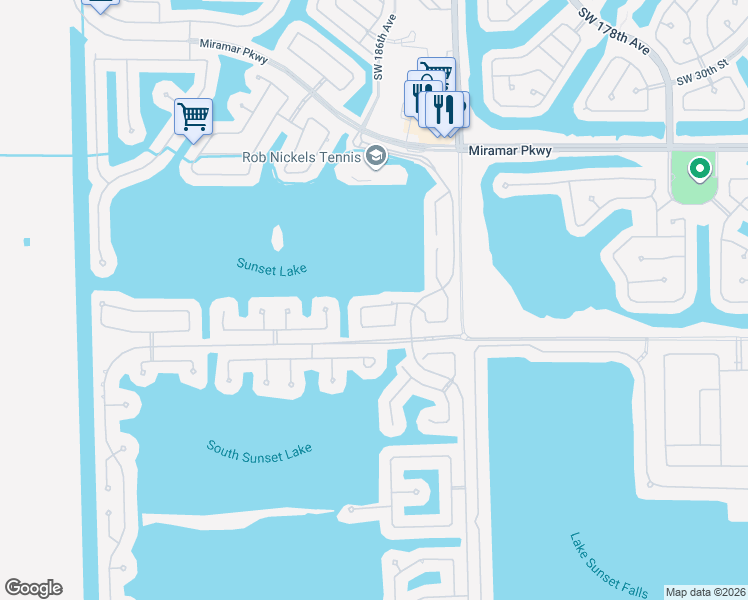 map of restaurants, bars, coffee shops, grocery stores, and more near 18631 Southwest 39th Street in Miramar