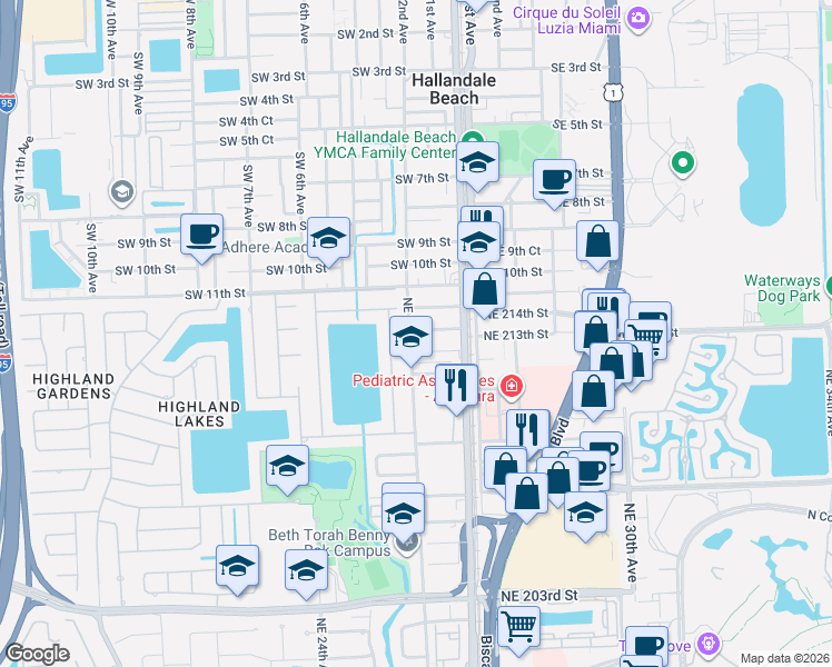 map of restaurants, bars, coffee shops, grocery stores, and more near 2610 Northeast 213th Street in Miami