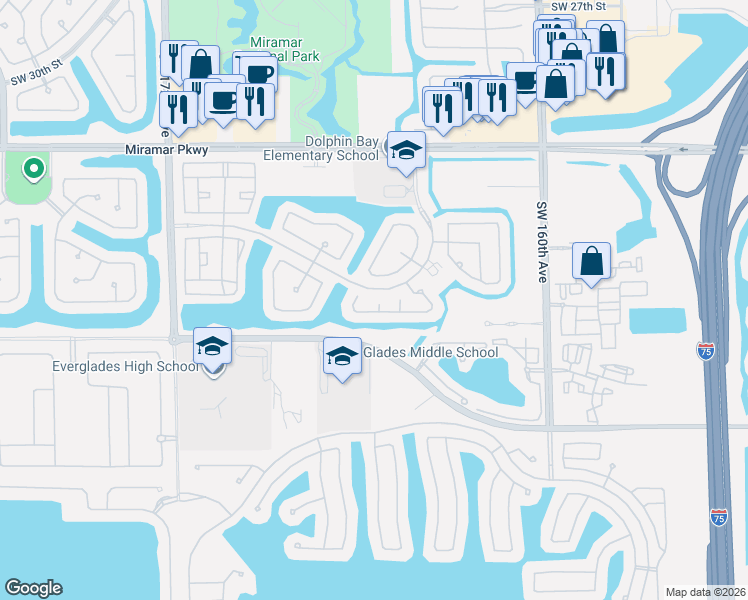 map of restaurants, bars, coffee shops, grocery stores, and more near 3808 Southwest 165th Terrace in Miramar