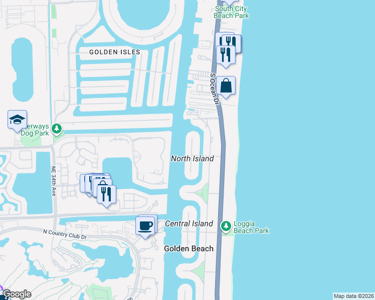 map of restaurants, bars, coffee shops, grocery stores, and more near 600 North Island Road in Golden Beach