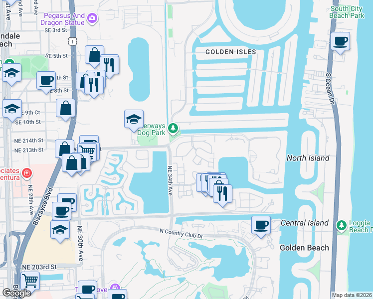 map of restaurants, bars, coffee shops, grocery stores, and more near 21200 Harbor Way in Miami