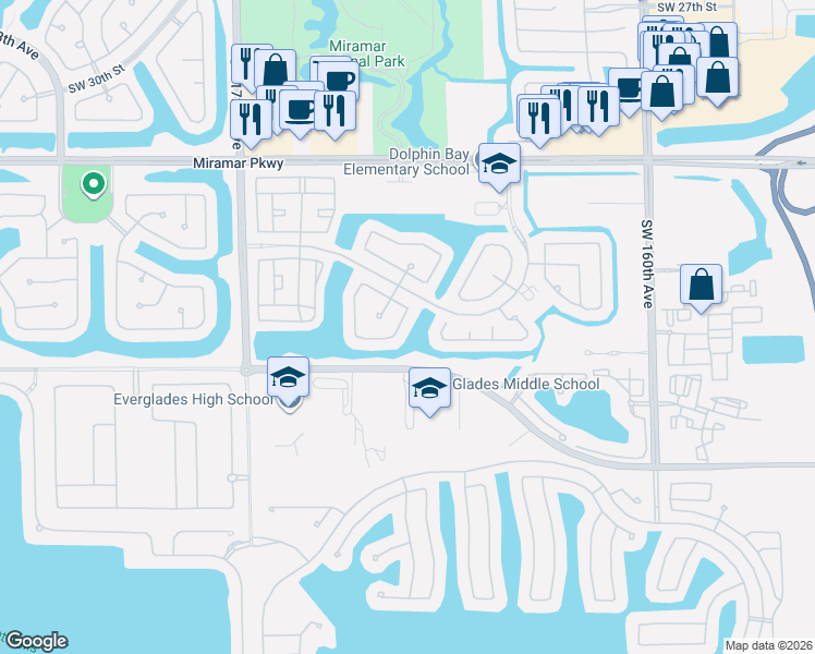map of restaurants, bars, coffee shops, grocery stores, and more near 3830 Southwest 166th Avenue in Miramar
