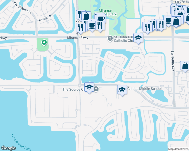 map of restaurants, bars, coffee shops, grocery stores, and more near 16916 Southwest 39th Court in Miramar