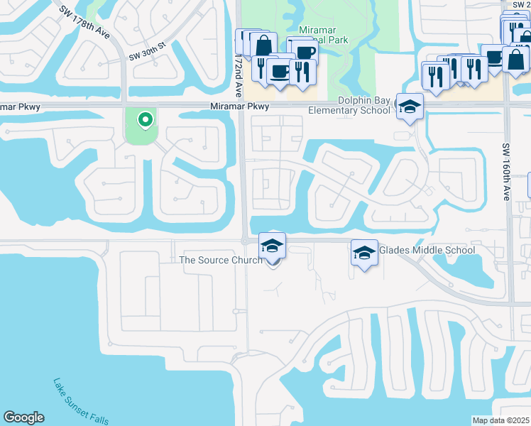 map of restaurants, bars, coffee shops, grocery stores, and more near 17104 Southwest 39th Court in Miramar