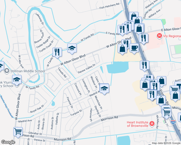 map of restaurants, bars, coffee shops, grocery stores, and more near 2022 Athens Street in Brownsville