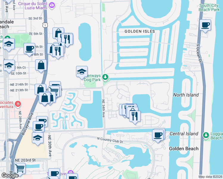 map of restaurants, bars, coffee shops, grocery stores, and more near 21200 Harbor Way in Miami