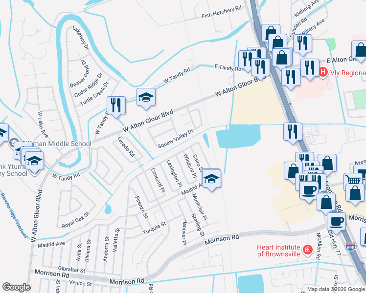 map of restaurants, bars, coffee shops, grocery stores, and more near 2022 Athens Street in Brownsville
