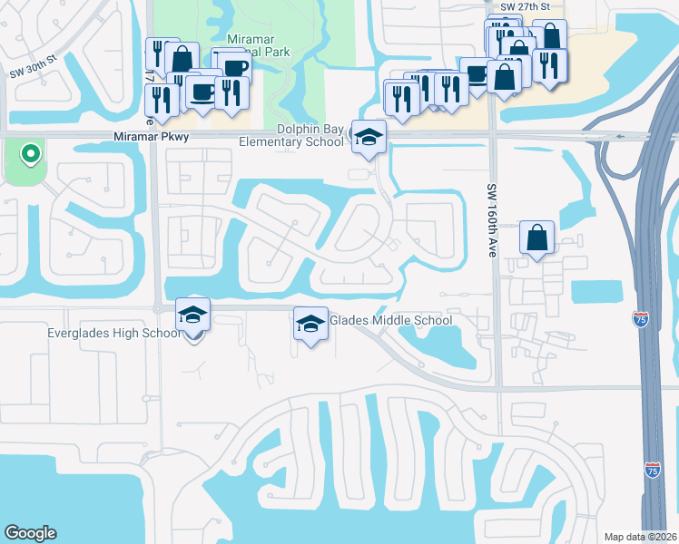 map of restaurants, bars, coffee shops, grocery stores, and more near 3808 Southwest 165th Terrace in Miramar