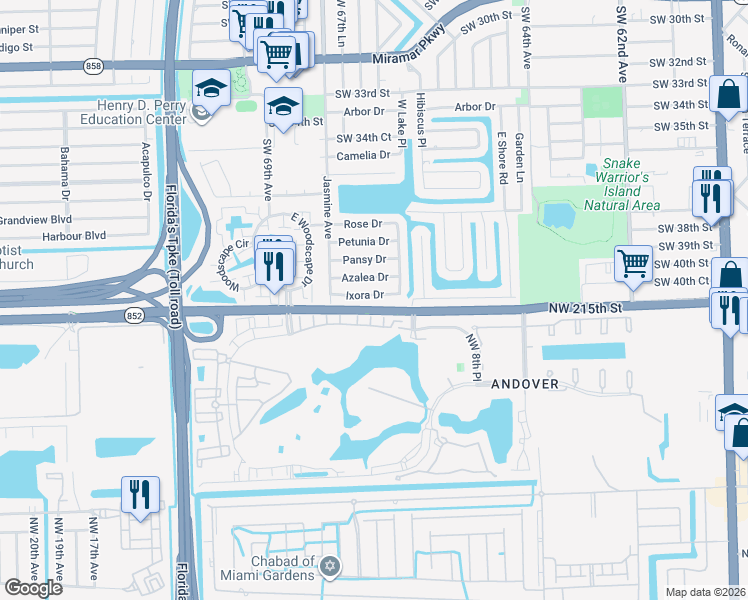 map of restaurants, bars, coffee shops, grocery stores, and more near 6740 Ixora Drive in Miramar