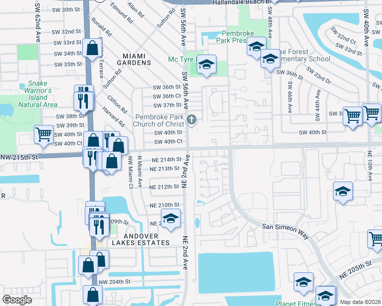 map of restaurants, bars, coffee shops, grocery stores, and more near in Pembroke Park