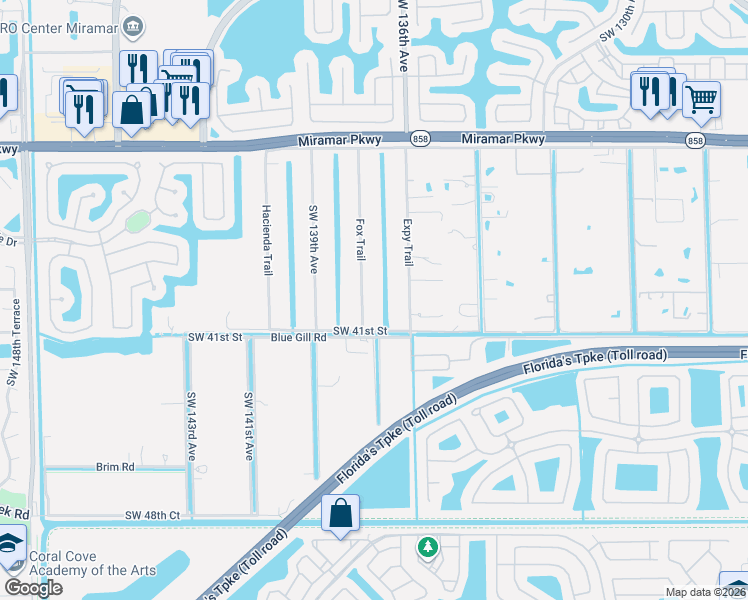 map of restaurants, bars, coffee shops, grocery stores, and more near 4000 Fox Trail in Miramar