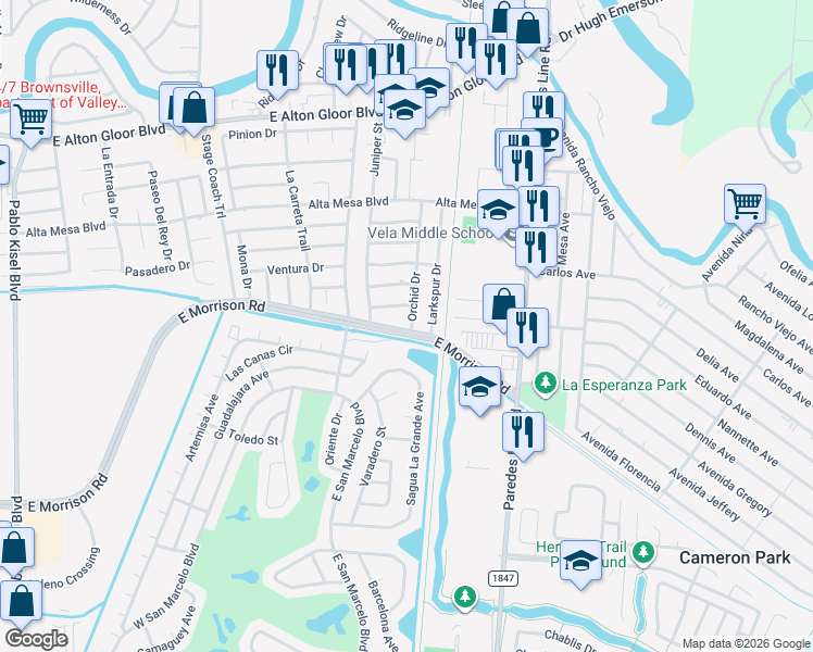 map of restaurants, bars, coffee shops, grocery stores, and more near E Morrison Rd in Brownsville