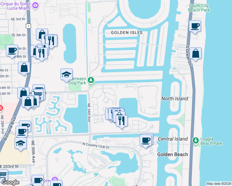 map of restaurants, bars, coffee shops, grocery stores, and more near 21385 Marina Cove Circle in Miami
