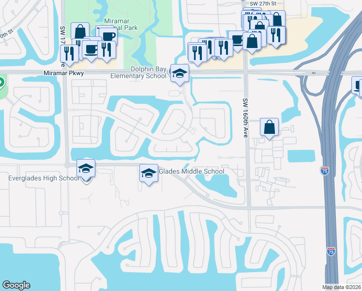 map of restaurants, bars, coffee shops, grocery stores, and more near 16441 Southwest 39th Street in Miramar