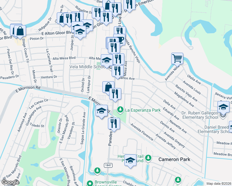 map of restaurants, bars, coffee shops, grocery stores, and more near 4515 Paredes Line Road in Brownsville
