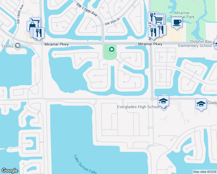map of restaurants, bars, coffee shops, grocery stores, and more near 17708 Southwest 36th Street in Miramar
