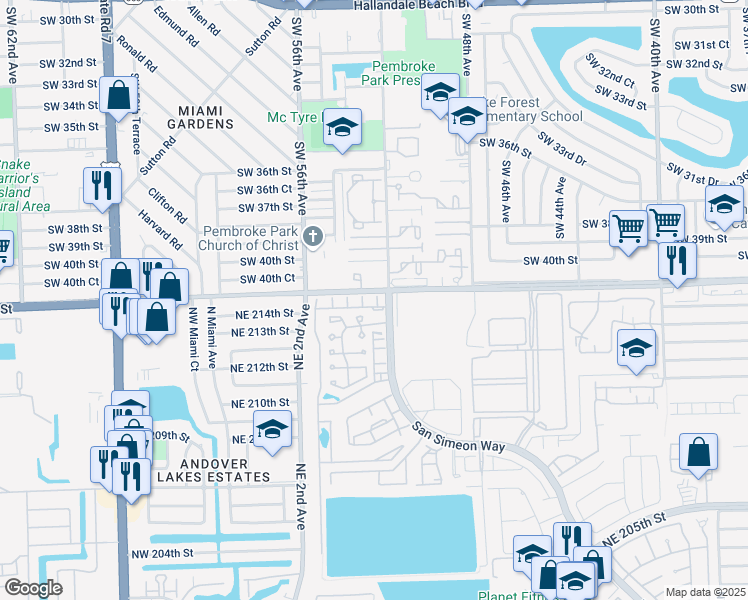 map of restaurants, bars, coffee shops, grocery stores, and more near 21471 San Simeon Way in Miami