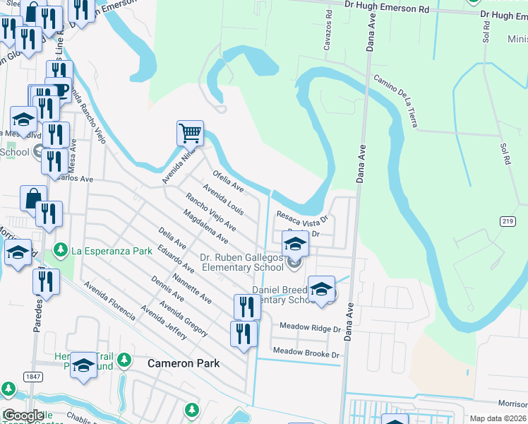 map of restaurants, bars, coffee shops, grocery stores, and more near 4612 Avenida Katarina in Brownsville