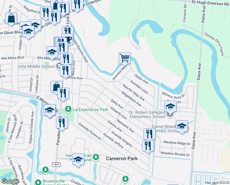 map of restaurants, bars, coffee shops, grocery stores, and more near 2322 Carlos Avenue in Brownsville