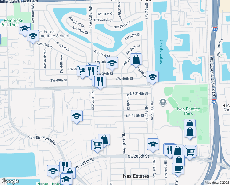 map of restaurants, bars, coffee shops, grocery stores, and more near 1140 Northeast 214th Street in Miami