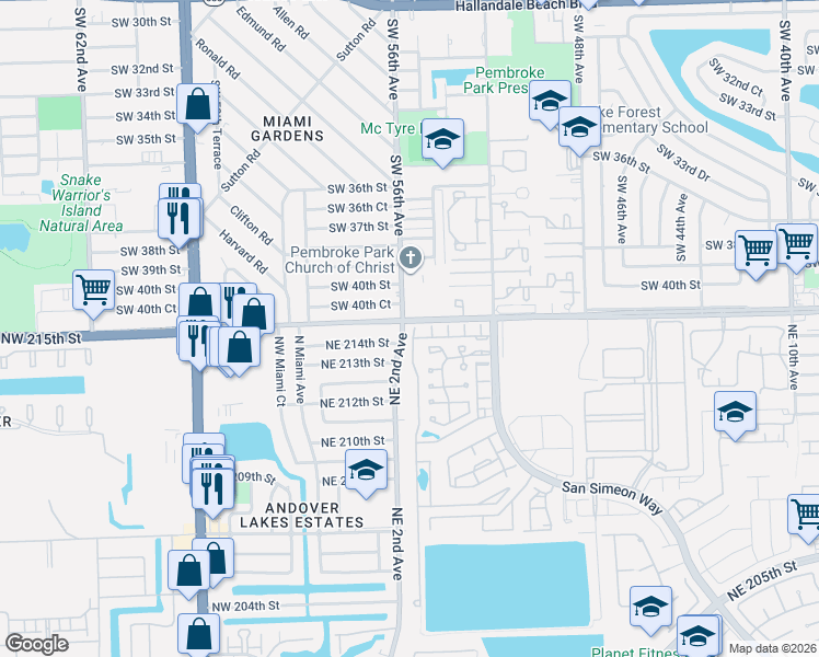map of restaurants, bars, coffee shops, grocery stores, and more near in Pembroke Park