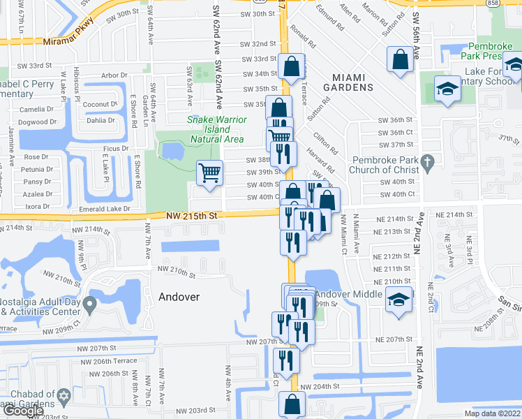 map of restaurants, bars, coffee shops, grocery stores, and more near 6261 County Line Road in Miramar