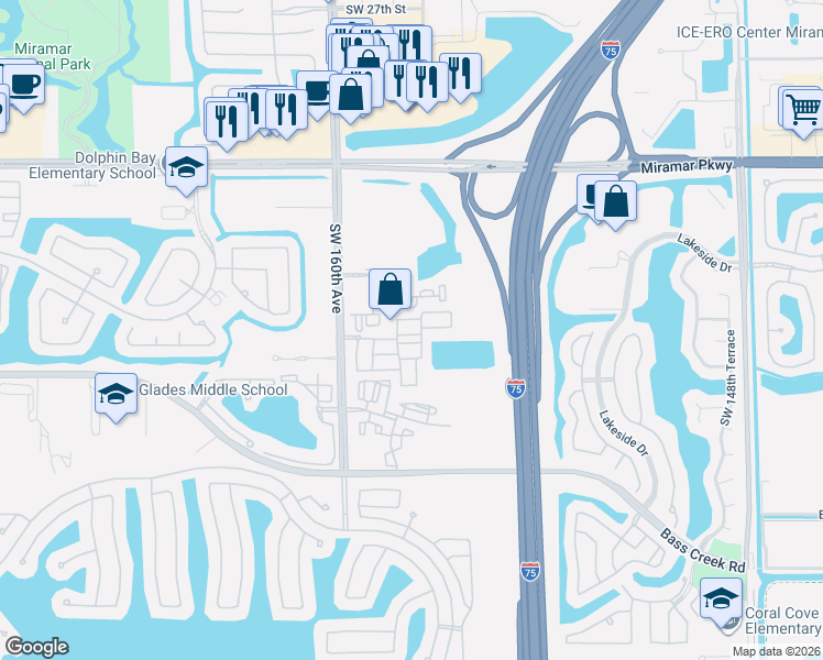 map of restaurants, bars, coffee shops, grocery stores, and more near 15601 Southwest 40th Street in Miramar