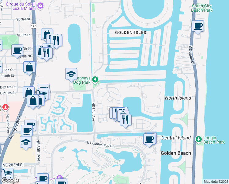 map of restaurants, bars, coffee shops, grocery stores, and more near 21195 Helmsman Drive in Aventura