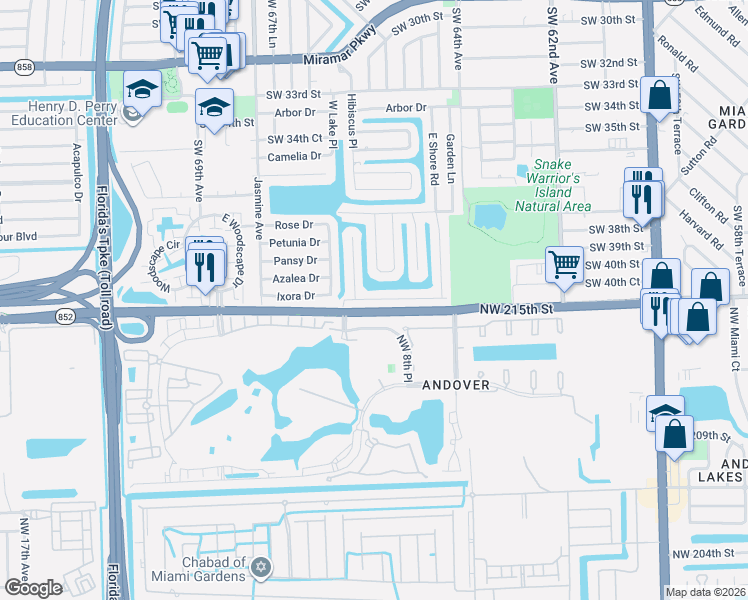 map of restaurants, bars, coffee shops, grocery stores, and more near 6648 Emerald Lake Drive in Miramar