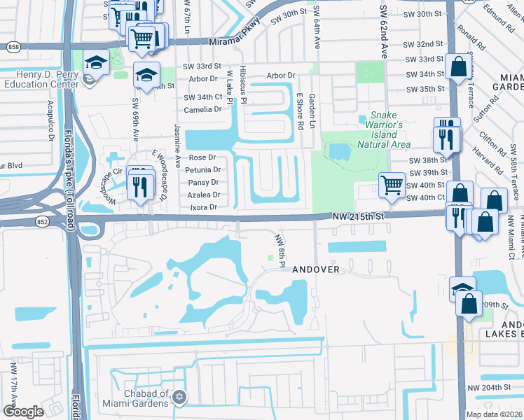 map of restaurants, bars, coffee shops, grocery stores, and more near 6648 Emerald Lake Drive in Miramar