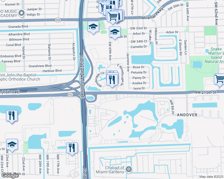 map of restaurants, bars, coffee shops, grocery stores, and more near 762 Northwest 215th Street in Miramar