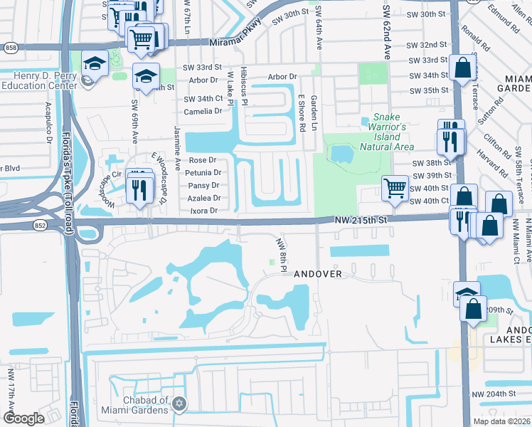 map of restaurants, bars, coffee shops, grocery stores, and more near 6648 Emerald Lake Drive in Miramar