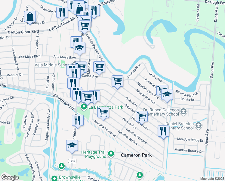 map of restaurants, bars, coffee shops, grocery stores, and more near 2218 Eduardo Avenue in Brownsville