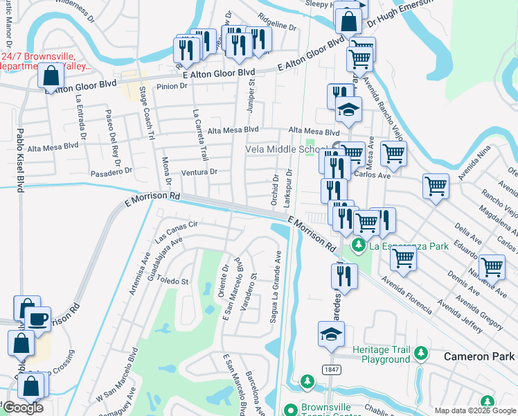 map of restaurants, bars, coffee shops, grocery stores, and more near East Morrison Road in Brownsville