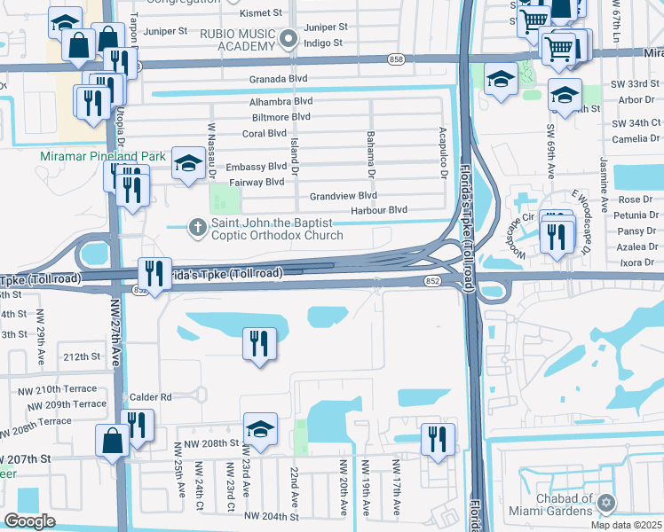 map of restaurants, bars, coffee shops, grocery stores, and more near Ronald Reagan Turnpike in Miramar