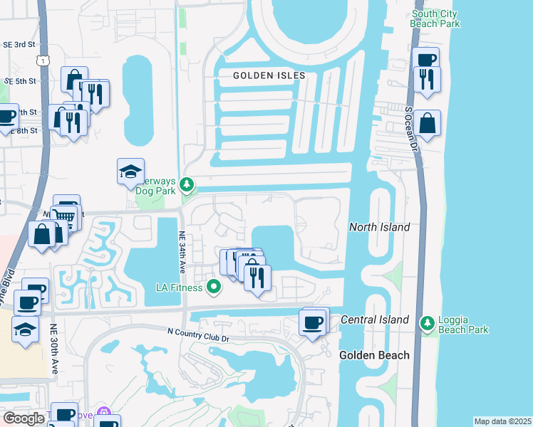 map of restaurants, bars, coffee shops, grocery stores, and more near 3630 Yacht Club Drive in Miami