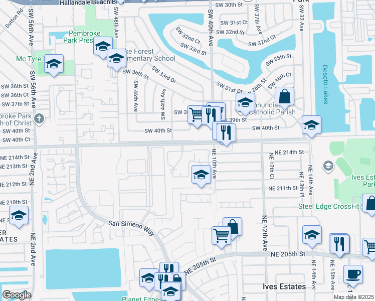 map of restaurants, bars, coffee shops, grocery stores, and more near 21393 Northeast 8th Court in North Miami Beach