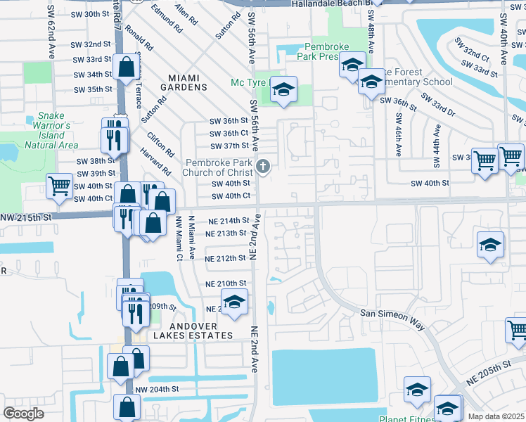 map of restaurants, bars, coffee shops, grocery stores, and more near in Pembroke Park