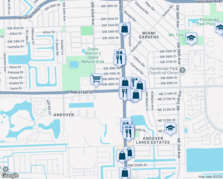 map of restaurants, bars, coffee shops, grocery stores, and more near 6261 County Line Road in Miramar