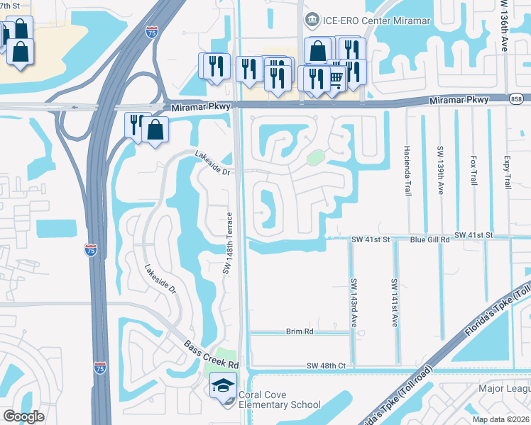 map of restaurants, bars, coffee shops, grocery stores, and more near 3960 Southwest 146th Avenue in Miramar