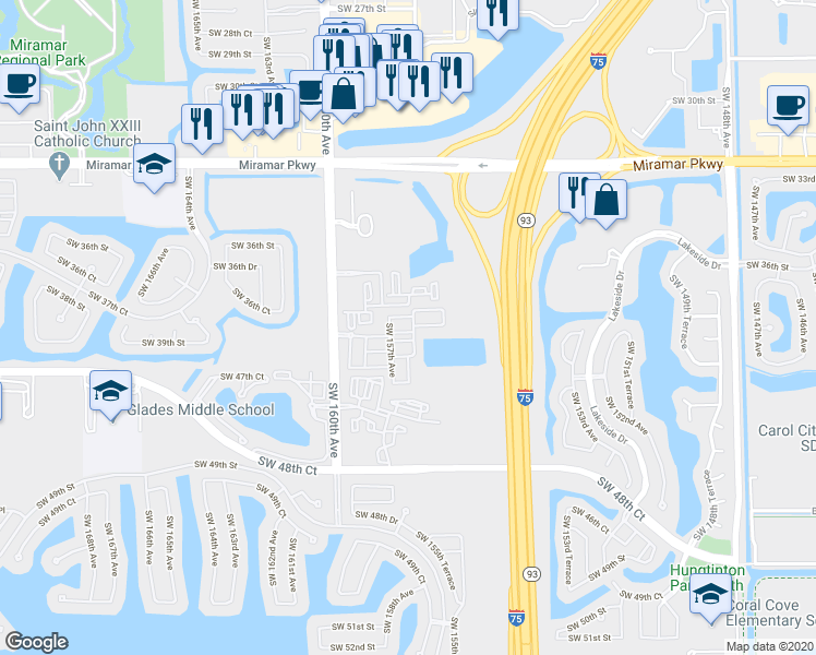 map of restaurants, bars, coffee shops, grocery stores, and more near 15601 Southwest 40th Street in Miramar