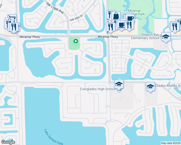 map of restaurants, bars, coffee shops, grocery stores, and more near 17418 Southwest 36th Street in Miramar