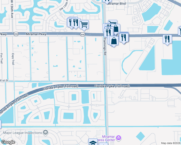 map of restaurants, bars, coffee shops, grocery stores, and more near 3951 Southwest 126th Avenue in Miramar