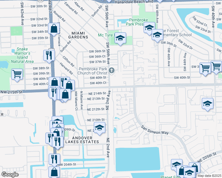 map of restaurants, bars, coffee shops, grocery stores, and more near 21465 Northeast 2nd Avenue in Miami Gardens