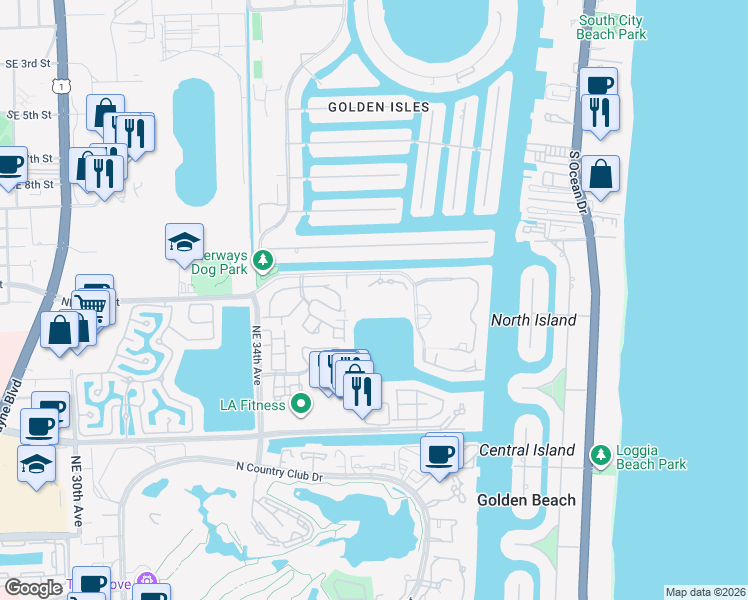 map of restaurants, bars, coffee shops, grocery stores, and more near 3630 Yacht Club Drive in Miami