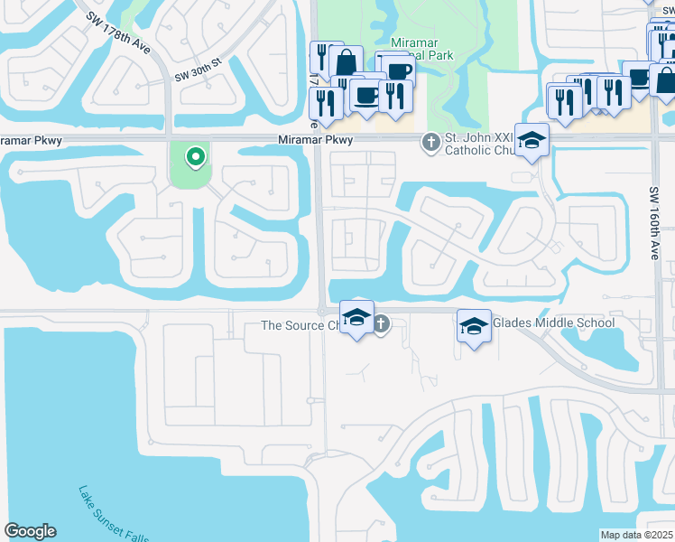 map of restaurants, bars, coffee shops, grocery stores, and more near Southwest 39th Court in Miramar