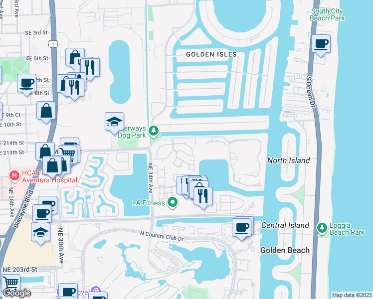 map of restaurants, bars, coffee shops, grocery stores, and more near 21385 Marina Cove Circle in Miami