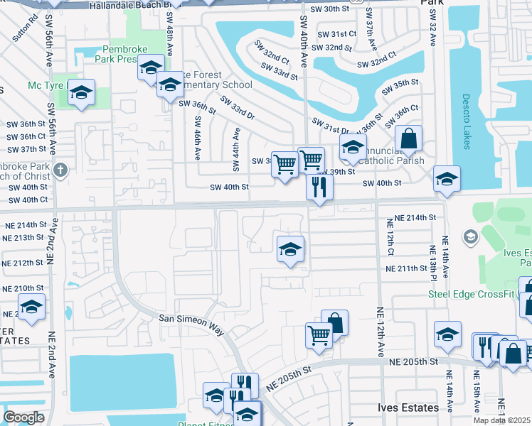 map of restaurants, bars, coffee shops, grocery stores, and more near 21393 Northeast 8th Court in North Miami Beach