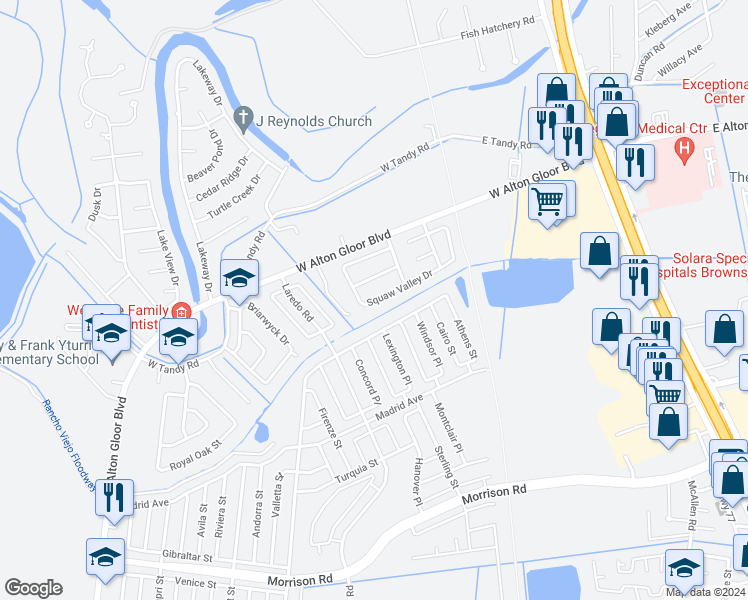 map of restaurants, bars, coffee shops, grocery stores, and more near 1156 Squaw Valley Drive in Brownsville