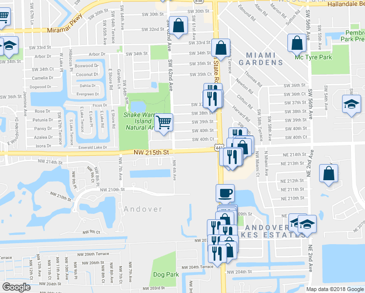 map of restaurants, bars, coffee shops, grocery stores, and more near 6161 Southwest 41st Street in Miramar